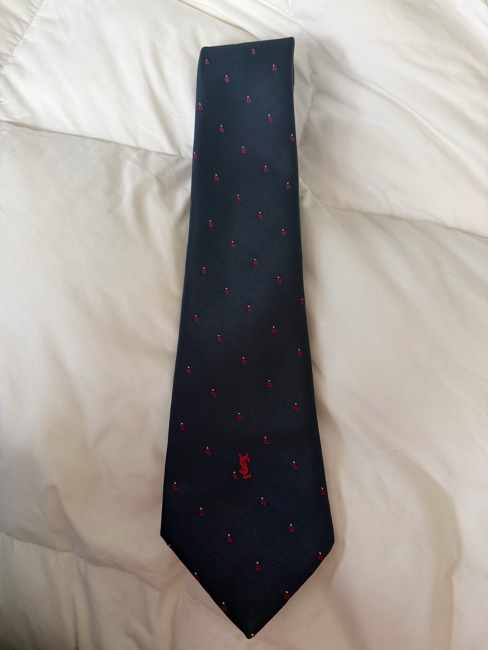 Yves Saint Laurent Silk Tie with Red Embroidered Motif